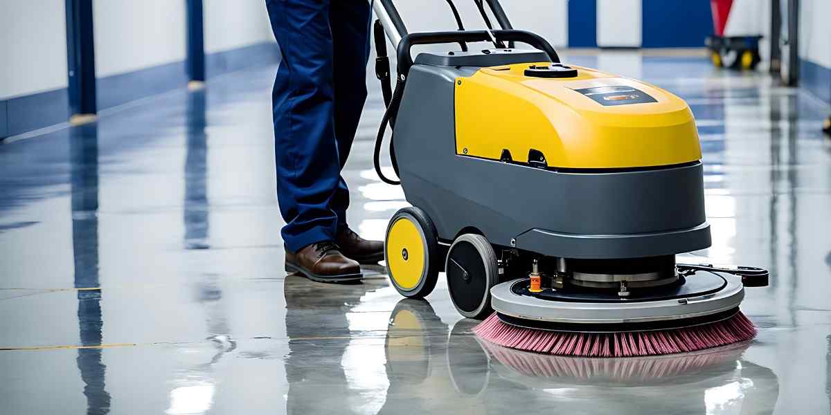 Commercial floor scrubbing brush being used by worker