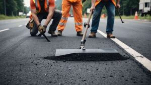 Three construction workers resurphing asphalt