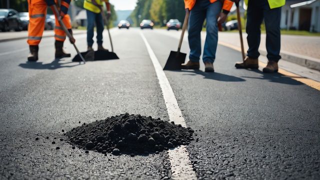 Construction workers holding shovels and looking at a small mound of Asphalt