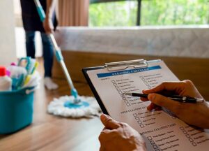 A man holding a checklist as the other person sweeps the floor