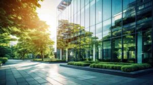 commercial building with landscaped grass and trees 