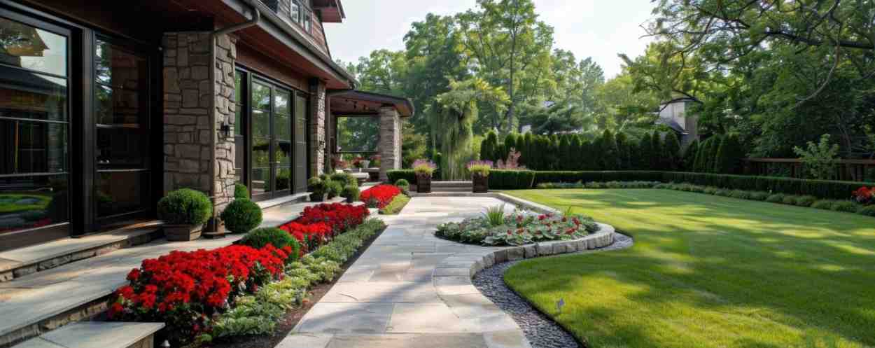 landscaped pavement path and grass in front of office building