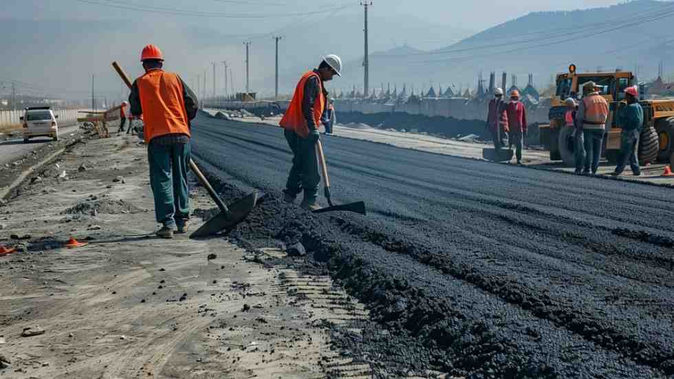 Two construction workers in protective gear laying asphalt