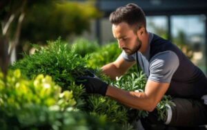 A man carefully lifting some plants in a garden