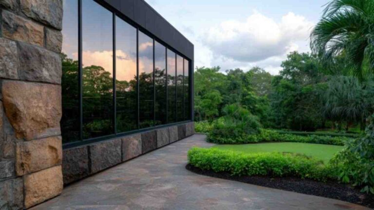 Well trimmed hedge beside an office building with large windows