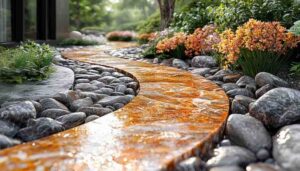 a beautiful winding brown poslished stone path with black rocks on both sides of path