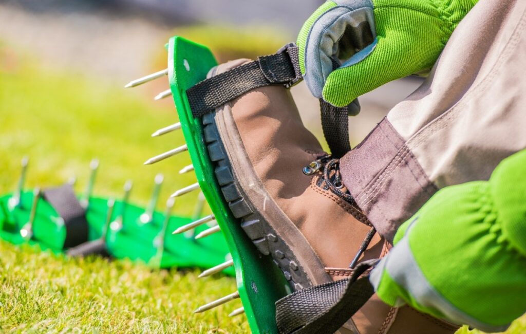 Person putting on spiked Aerator Shoes while sitting on lawn
