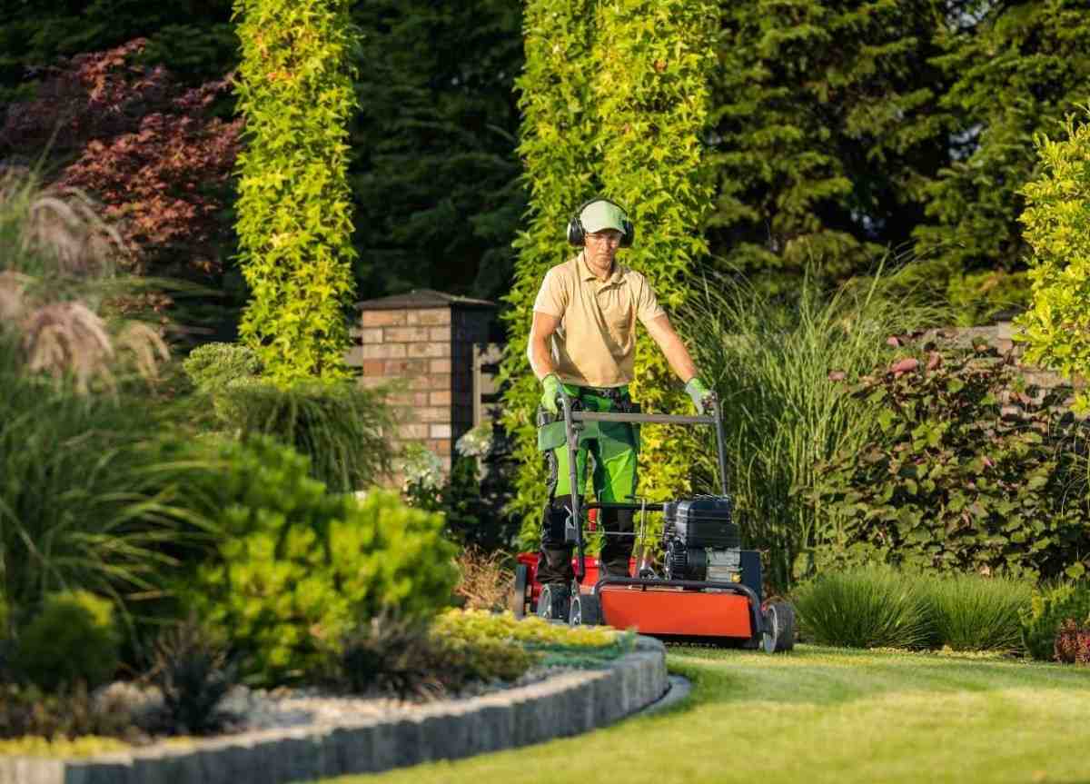 Man mowing lawn in a lush garden