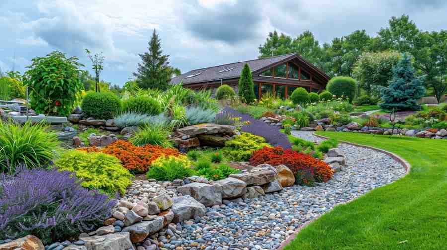 beautiful quality landscaping with stone work in lush garden