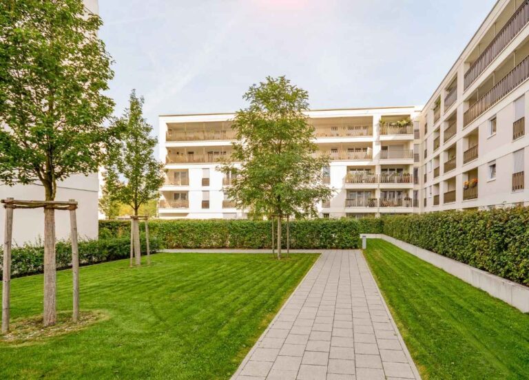 manicured lawn outside office building