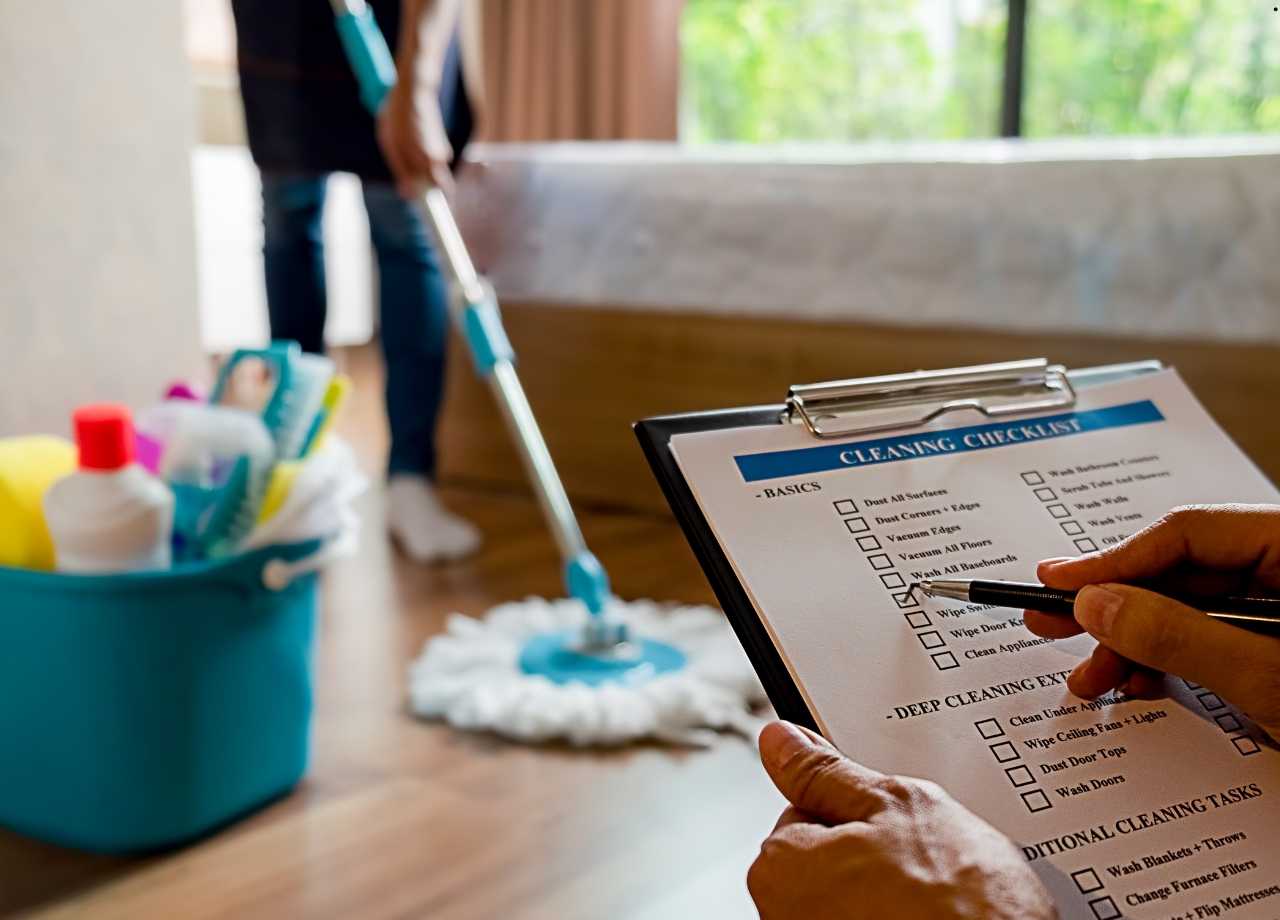 fall cleaning checklist with cleaner mopping the floors in the background