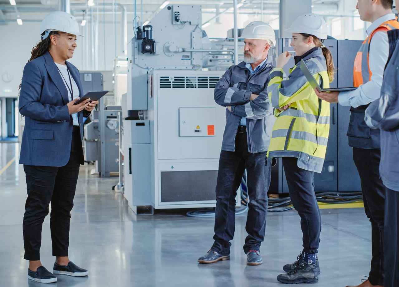 People wearing safety helmets in a commercial facility