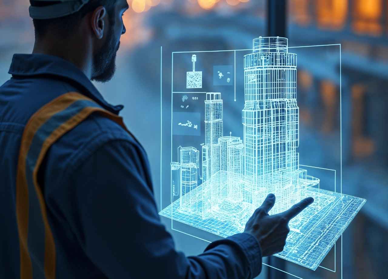 A construction worker in safety gear looking at 3d virtual model of building