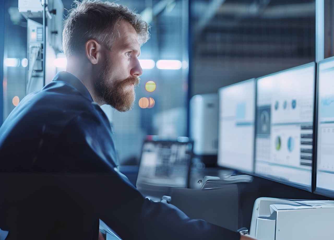 Technician sitting in front of three computer screens