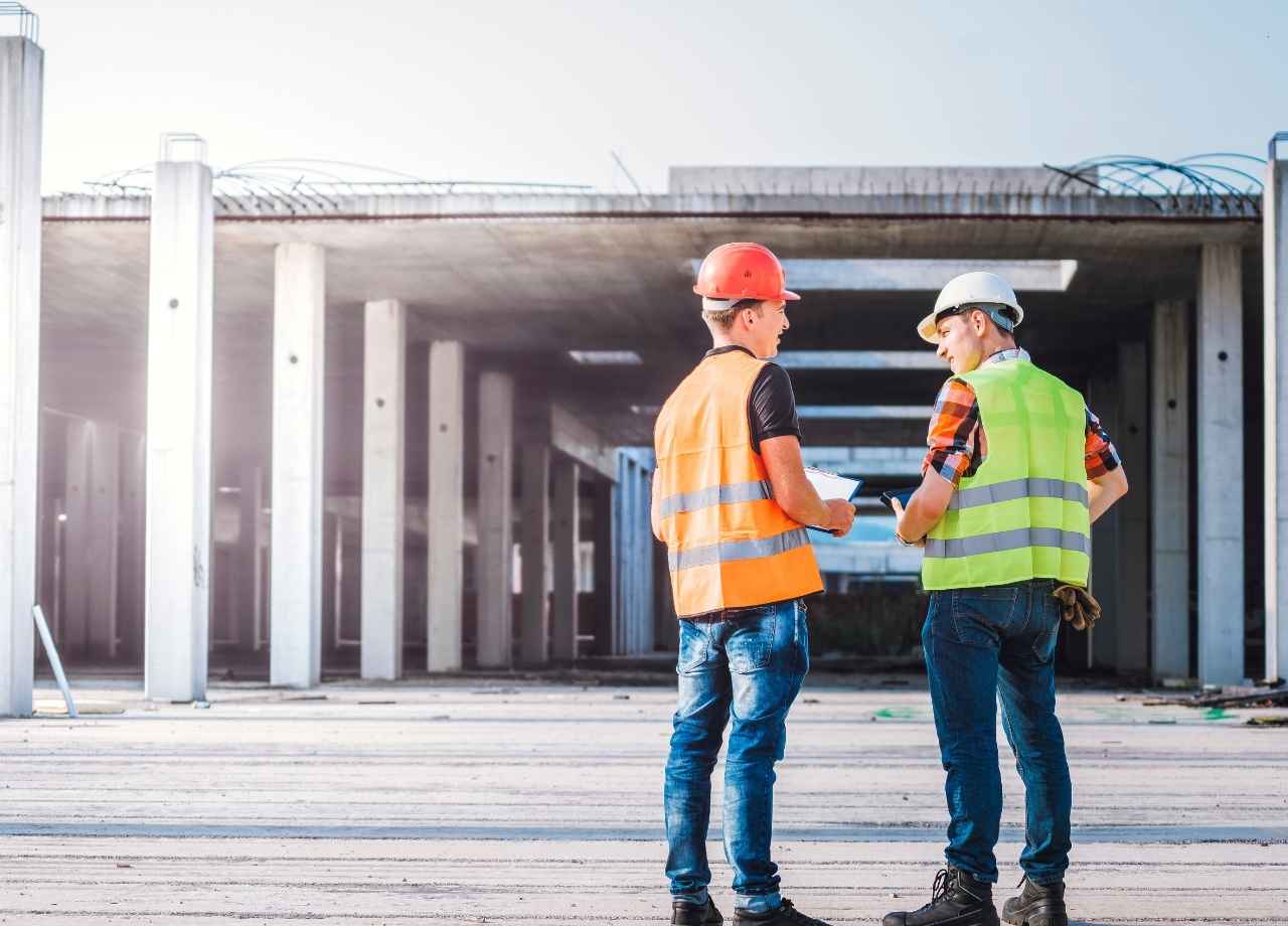 Two construction workers in sagety wear discussing 