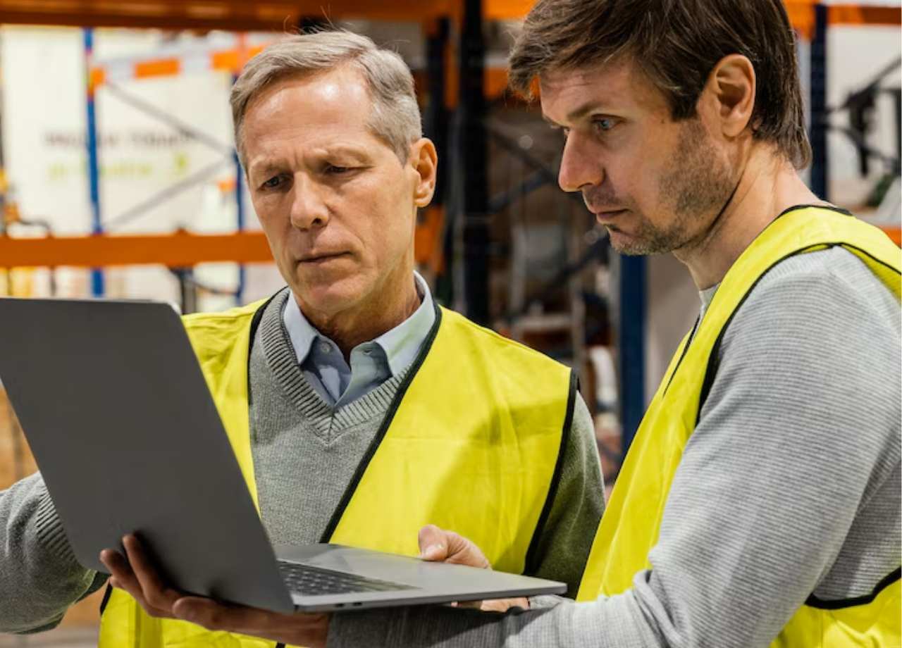 Two men with reflector vests look at a laptop