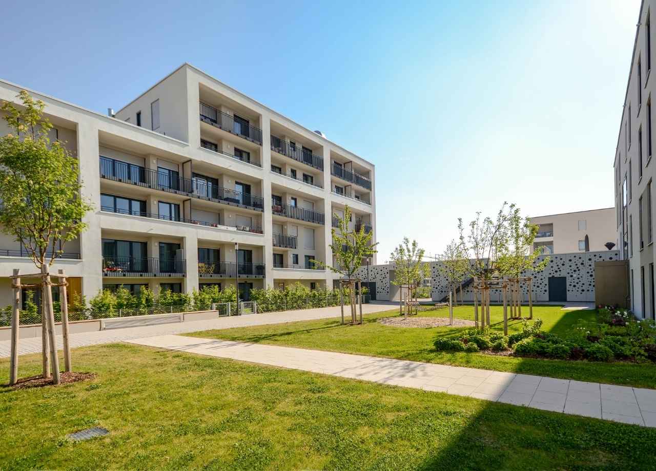 Office building with beautiful lawn