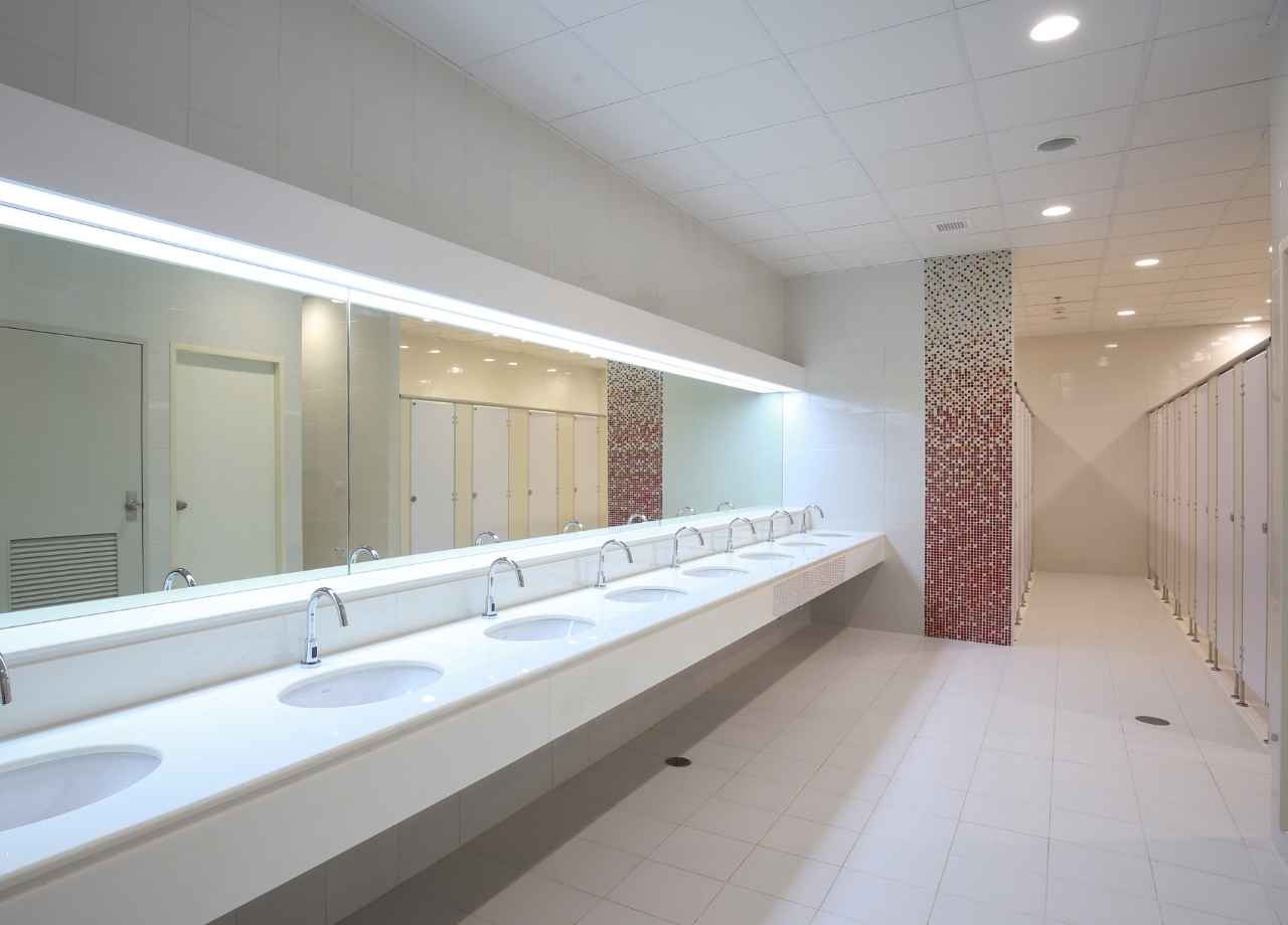 long clean, commercial restroom