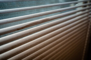 dirty beige window blinds in desperate need of dusting