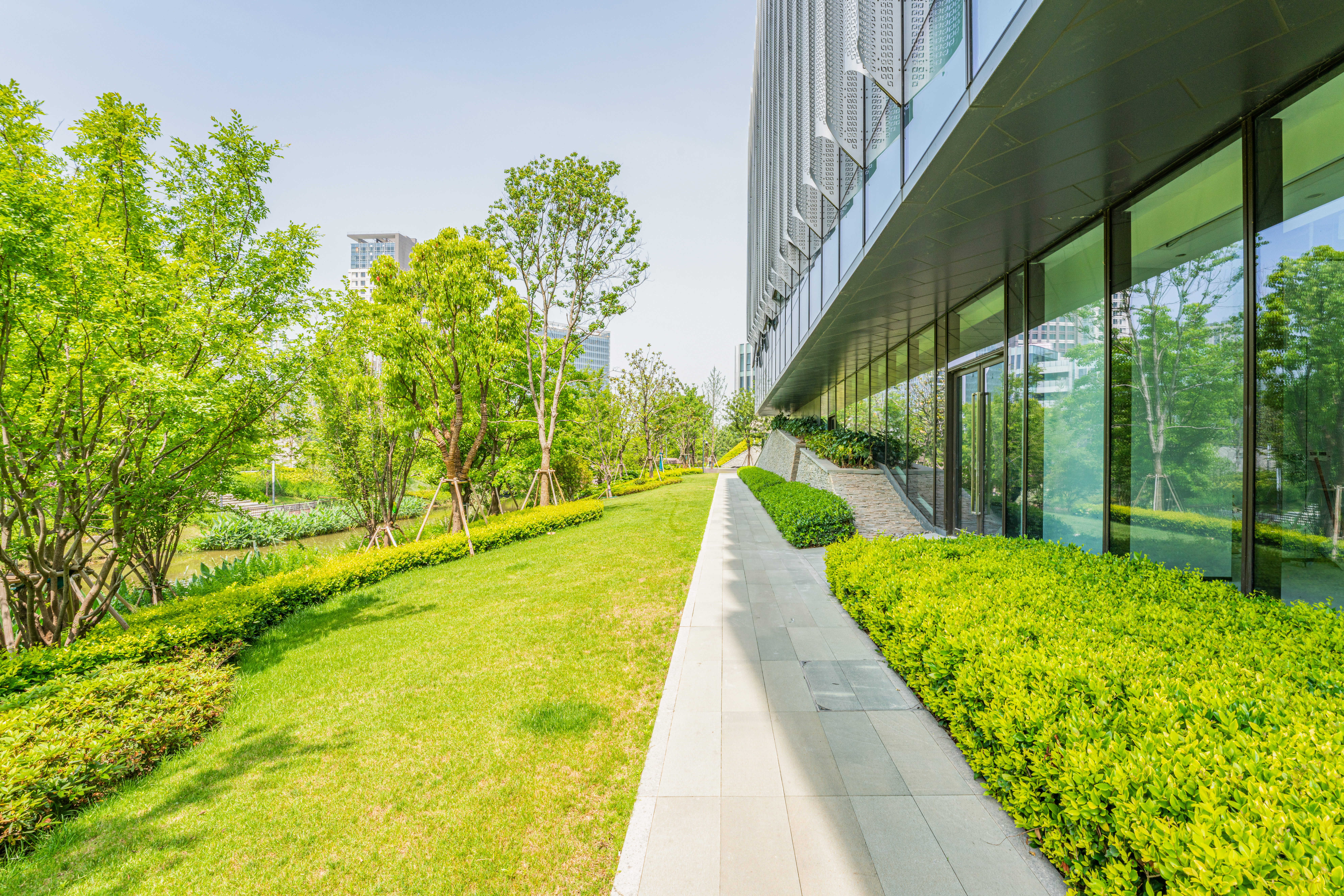 An office building with a path running parallel to it. Green plants, grass, and trees adorn the landscaping.