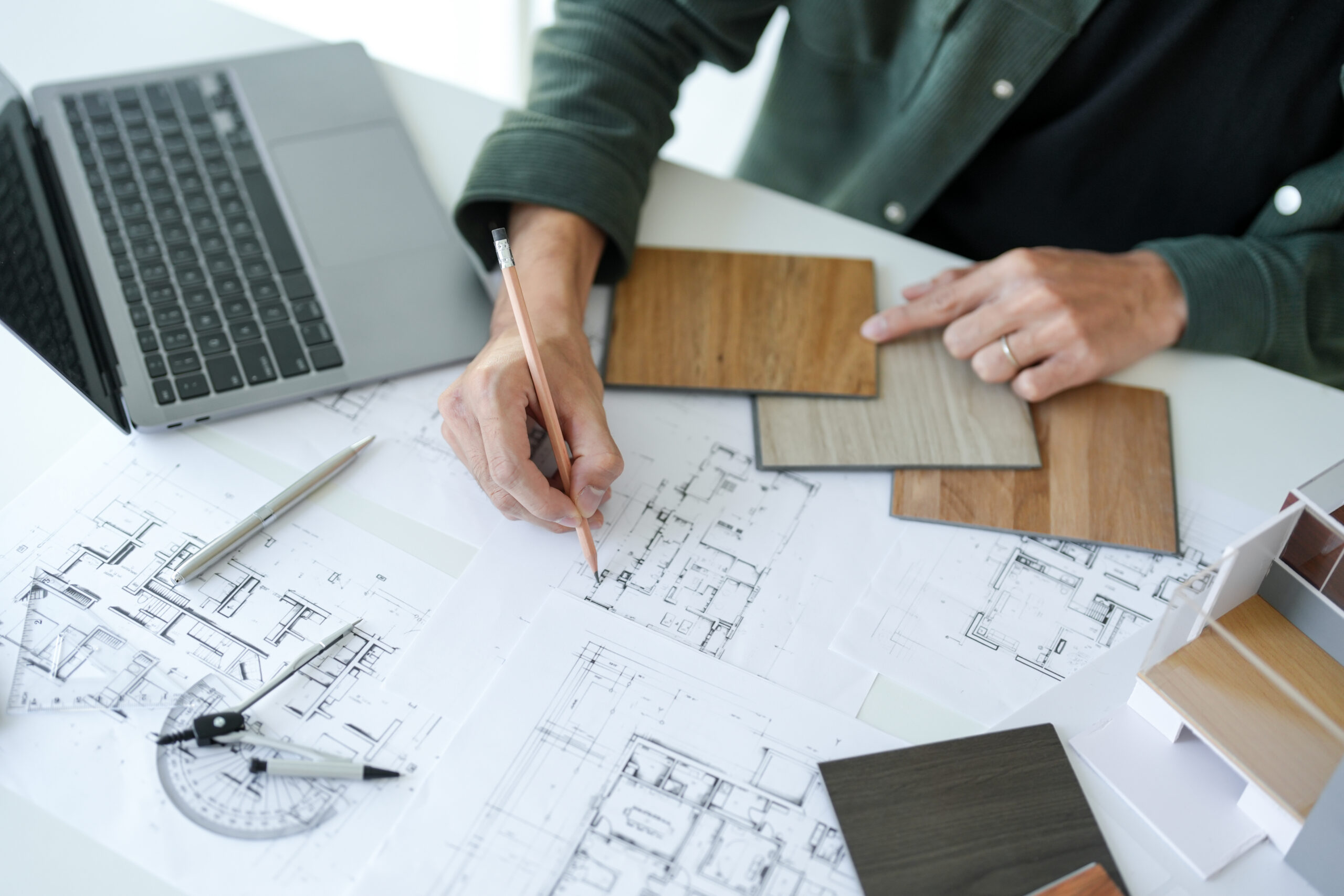 Architecture interior Man Creative project plan designer home and Choose interior materials drawing interior on blueprint