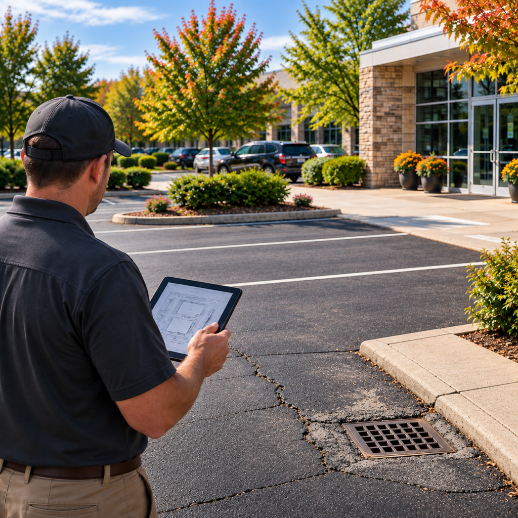 A Facility Service Manager walks a property holding a clipboard doing a commercial property lighting inspection during daylight.